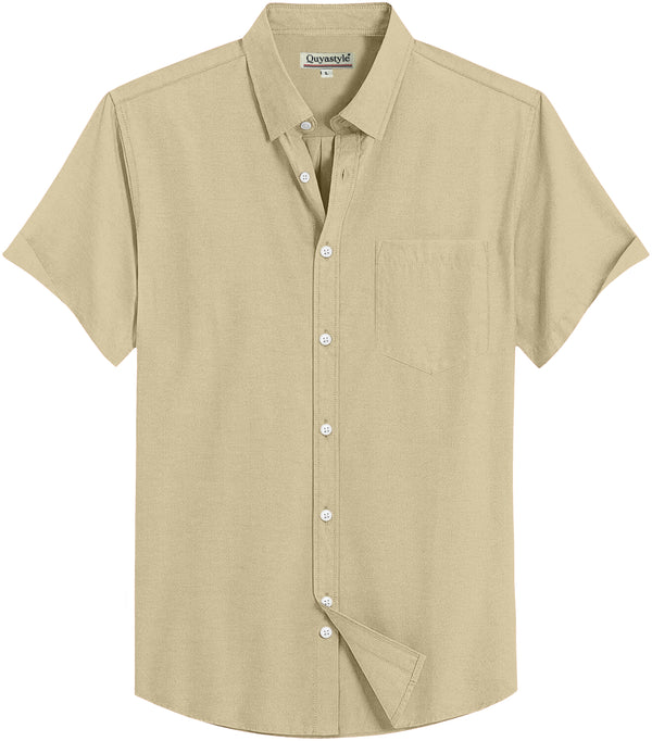 Beige Cotton Solid Half Sleeves Shirt