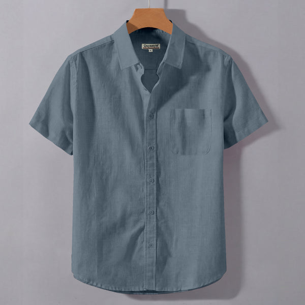 Dark Grey Linen Cotton Regular Fit Plain Half Shirt