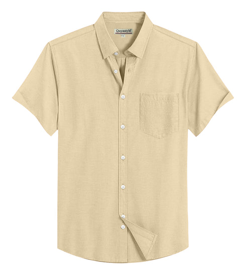 Beige Cotton Solid Half Sleeves Shirt