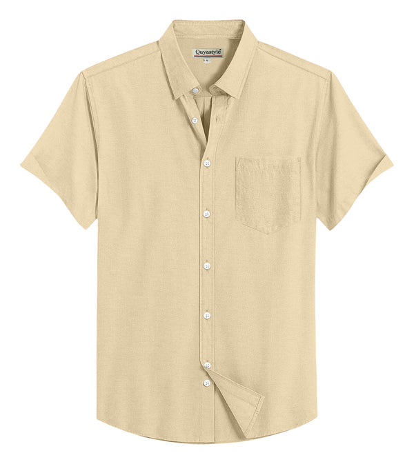 Beige Cotton Solid Half Sleeves Shirt