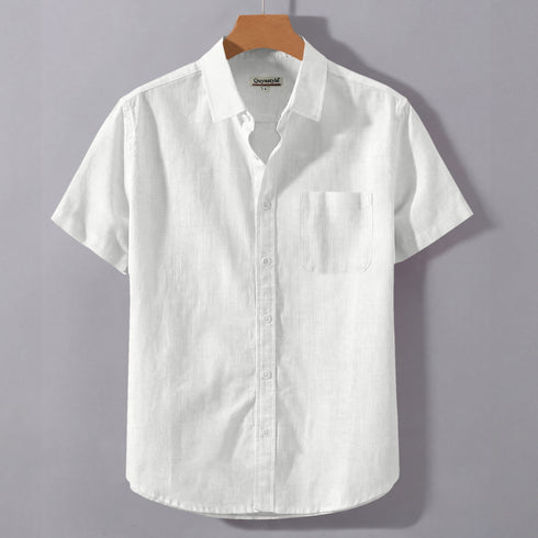 Off White Linen Cotton Regular Fit Plain Half Shirt