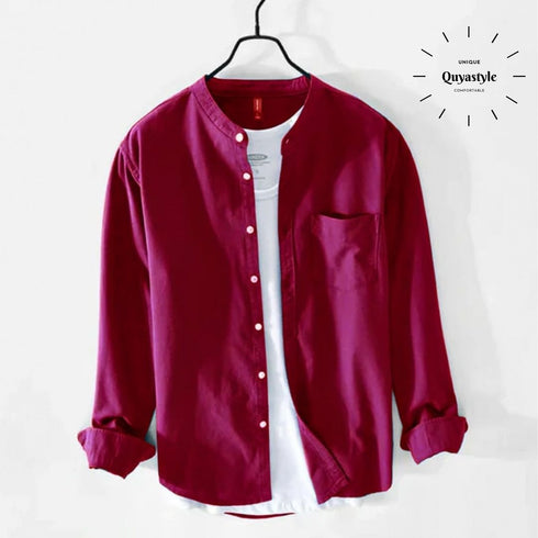 Maroon Chinese Collar Linen Slub Cotton Shirt