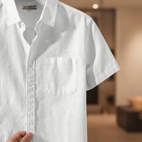 Off White Linen Cotton Regular Fit Plain Half Shirt