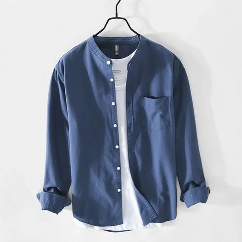 Navy Blue Chinese Collar Linen Slub Cotton Shirt