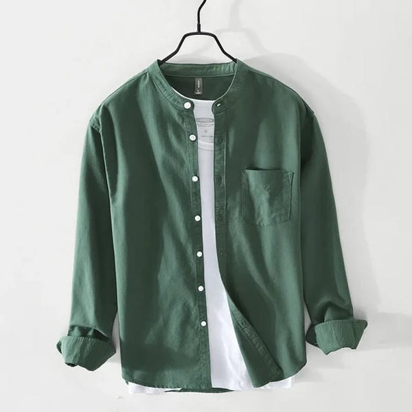 Green Chinese Collar Linen Slub Cotton Shirt