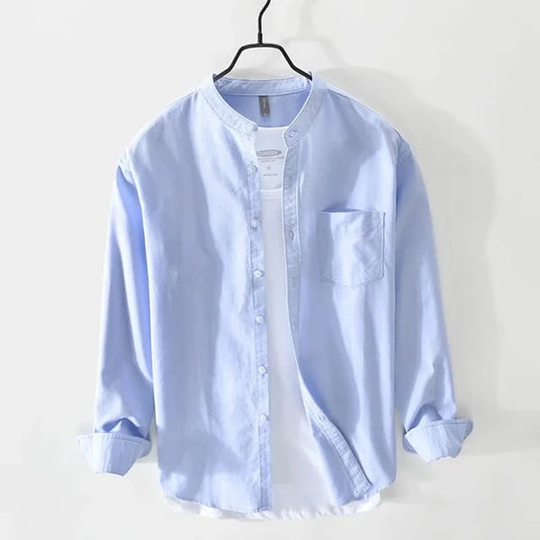 Sky Blue Chinese Collar Linen Slub Cotton Shirt