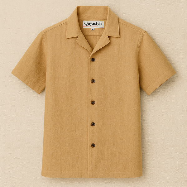 Cuban Collar Linen Half Shirt