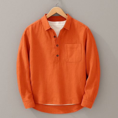 Orange Cotton Linen Full Sleeves Regular Fit Kurta Shirts