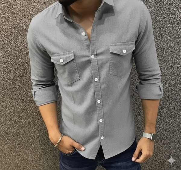 Men's Grey Cargo Stylish Cotton Solid Slim Fit Full Sleeves Shirt