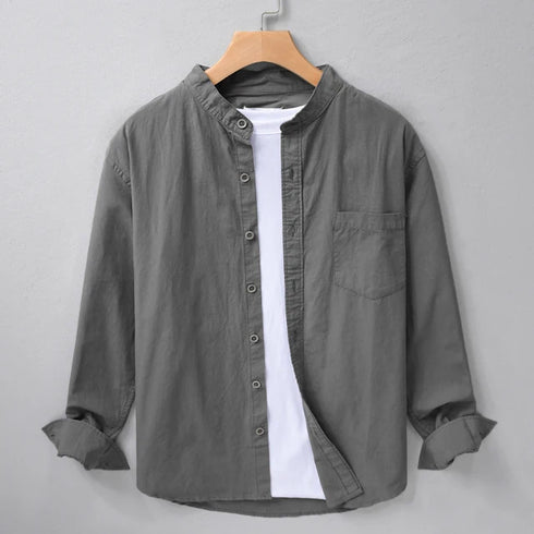 Deep Gray Chinese Collar Linen Slub Cotton Shirt
