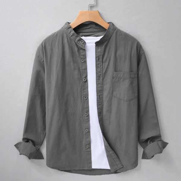 Deep Gray Chinese Collar Linen Slub Cotton Shirt