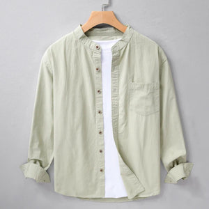 Bean Green Chinese Collar Linen Slub Cotton Shirt