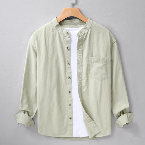 Bean Green Chinese Collar Linen Slub Cotton Shirt