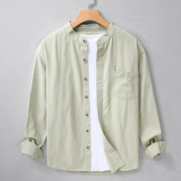 Bean Green Chinese Collar Linen Slub Cotton Shirt