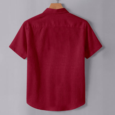 Red Linen Cotton Regular Fit Plain Half Shirt