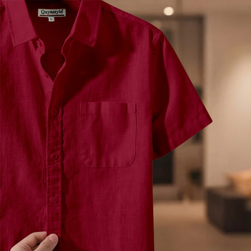 Red Linen Cotton Regular Fit Plain Half Shirt