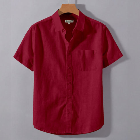 Red Linen Cotton Regular Fit Plain Half Shirt