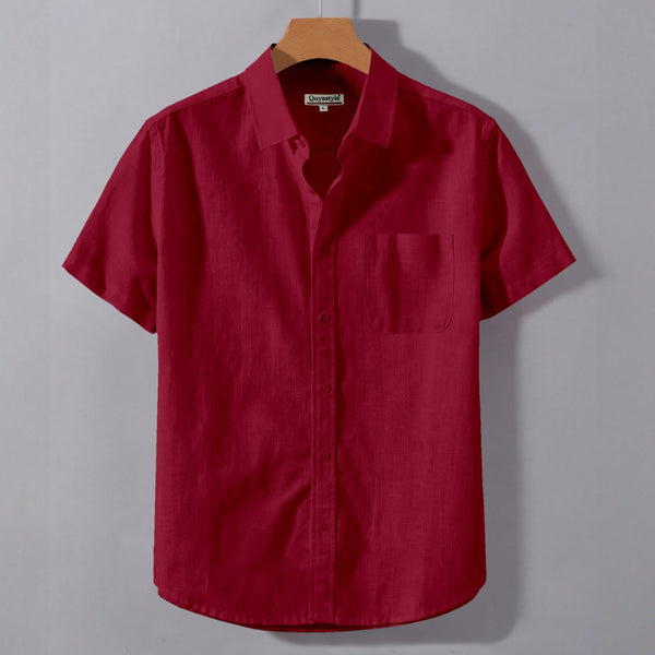 Red Linen Cotton Regular Fit Plain Half Shirt