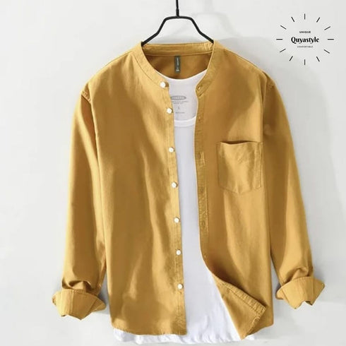 Mustard Chinese Collar Linen Slub Cotton Shirt