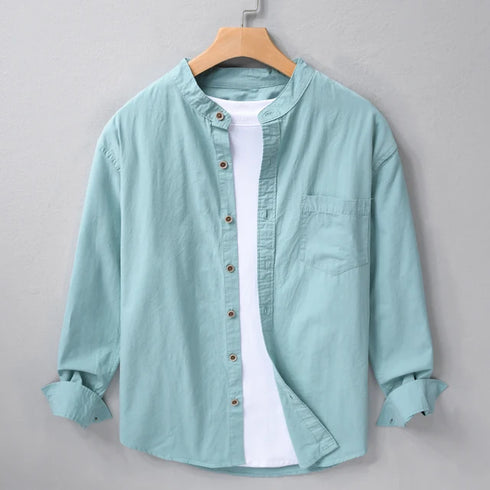 Lake Blue Chinese Collar Linen Slub Cotton Shirt