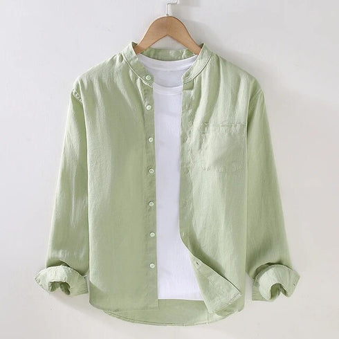 Olive Green Chinese Collar Linen Slub Cotton Shirt