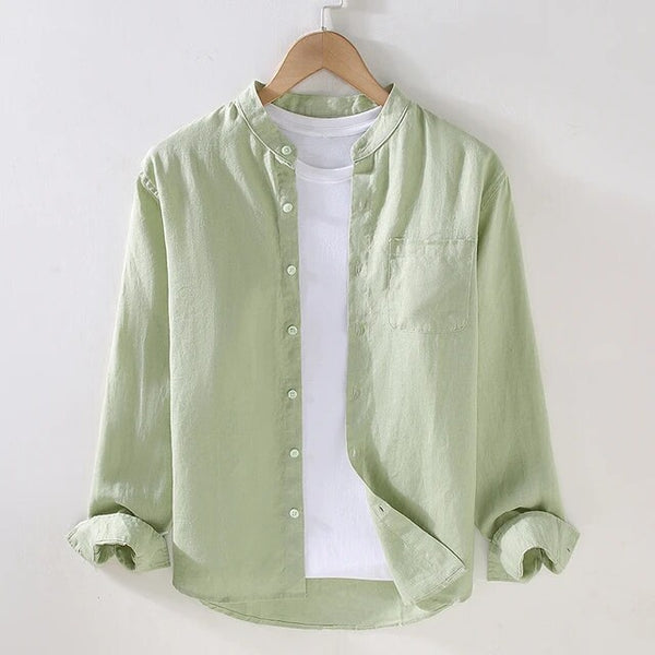 Olive Green Chinese Collar Linen Slub Cotton Shirt