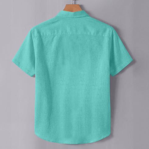 Aqua Green Linen Cotton Regular Fit Plain Half Shirt
