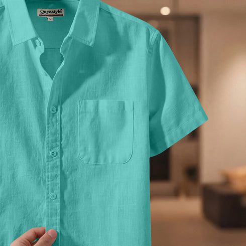 Aqua Green Linen Cotton Regular Fit Plain Half Shirt