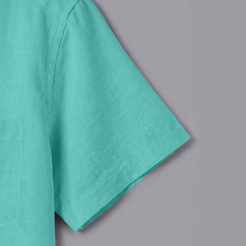 Aqua Green Linen Cotton Regular Fit Plain Half Shirt