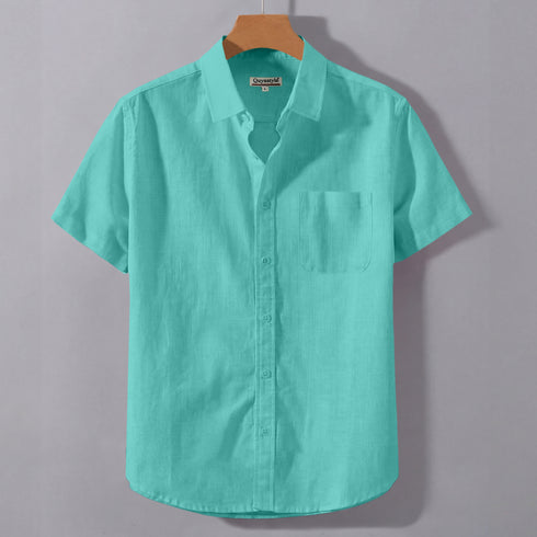 Aqua Green Linen Cotton Regular Fit Plain Half Shirt
