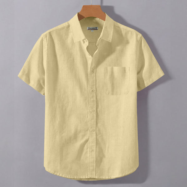 Oyster White Linen Cotton Regular Fit Plain Half Shirt