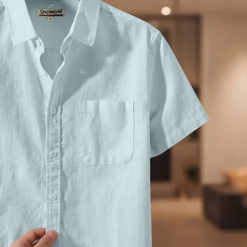 Mint Cream Linen Cotton Solid Half Sleeves Shirt