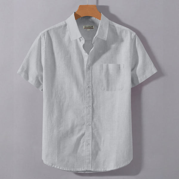 Grey Linen Cotton Regular Fit Plain Half Shirt