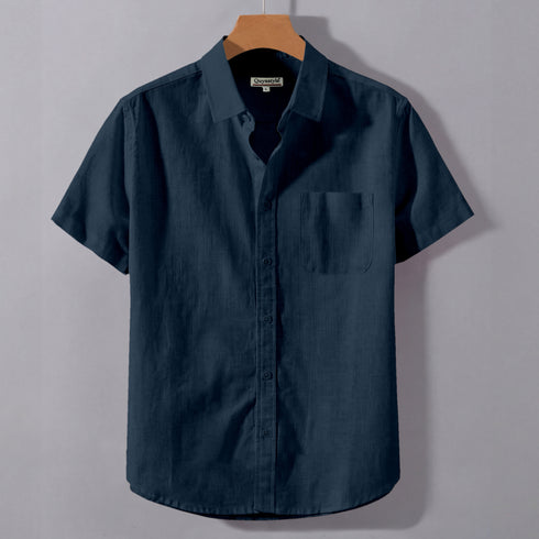 Pearl Blue Linen Cotton Regular Fit Plain Half Shirt