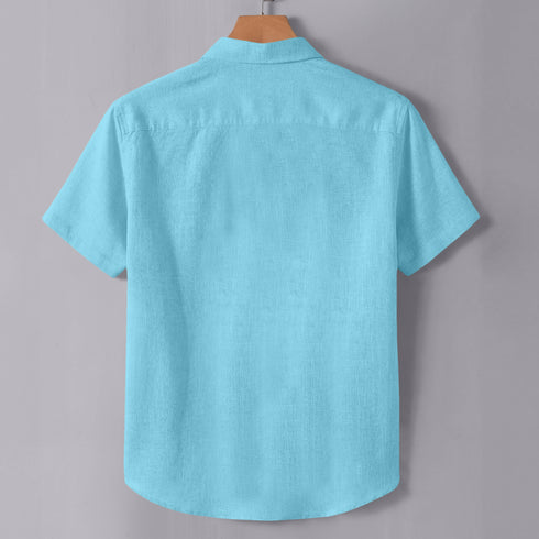 Ocean Blue Linen Cotton Regular Fit Plain Half Shirt