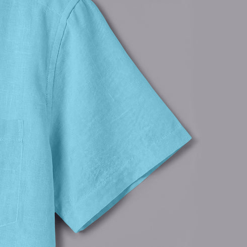 Ocean Blue Linen Cotton Regular Fit Plain Half Shirt