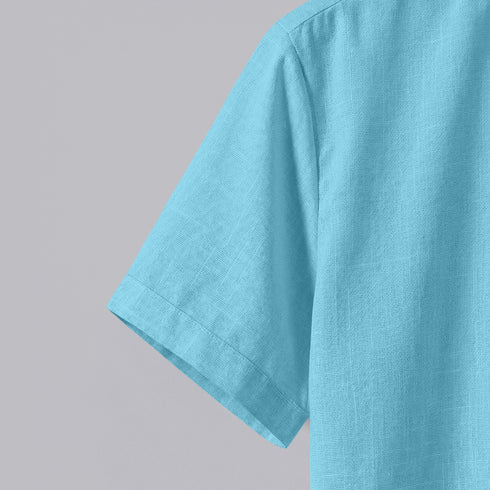 Ocean Blue Linen Cotton Regular Fit Plain Half Shirt