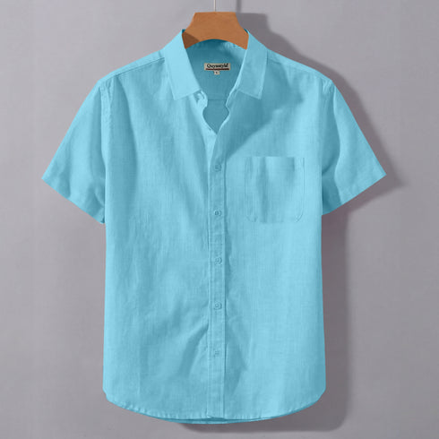 Ocean Blue Linen Cotton Regular Fit Plain Half Shirt