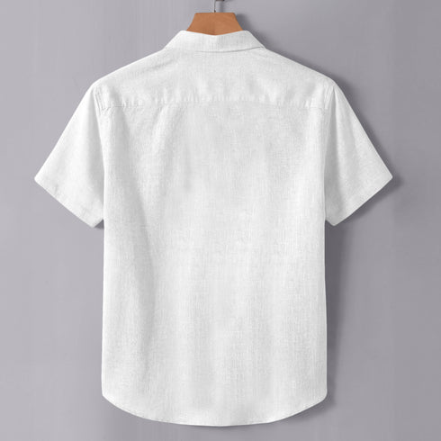 White Linen Cotton Regular Fit Plain Half Shirt