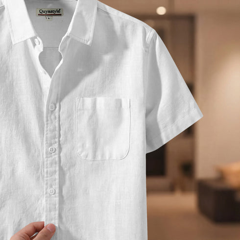 White Linen Cotton Regular Fit Plain Half Shirt