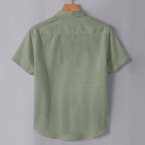 Olive Green Linen Cotton Regular Fit Plain Half Shirt