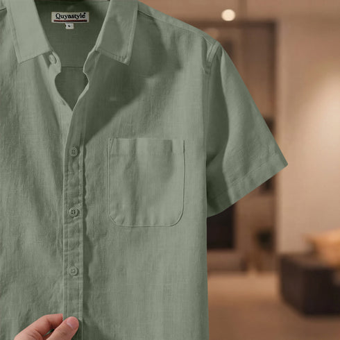 Olive Green Linen Cotton Regular Fit Plain Half Shirt