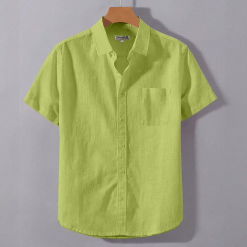 Perrot Green Linen Cotton Regular Fit Plain Half Shirt