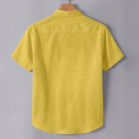 Dark Yellow Linen Cotton Regular Fit Plain Half Shirt