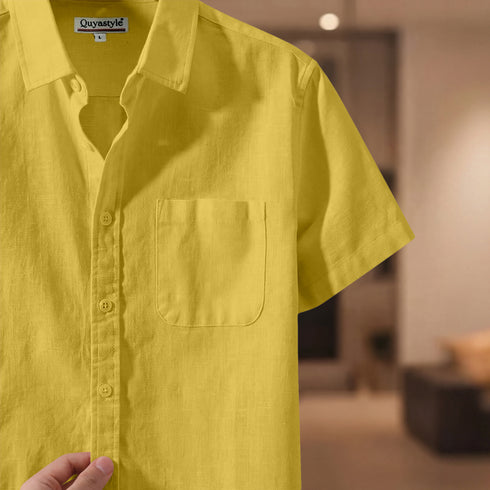 Dark Yellow Linen Cotton Regular Fit Plain Half Shirt