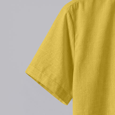 Dark Yellow Linen Cotton Regular Fit Plain Half Shirt
