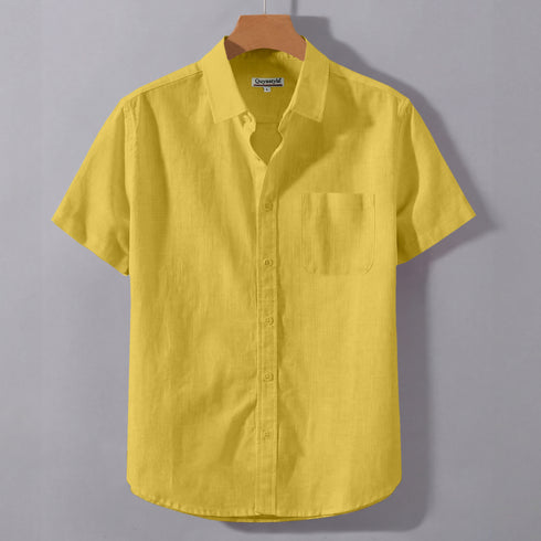 Dark Yellow Linen Cotton Regular Fit Plain Half Shirt