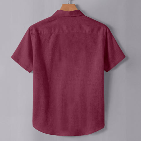 Wine Linen Cotton Regular Fit Plain Half Shirt