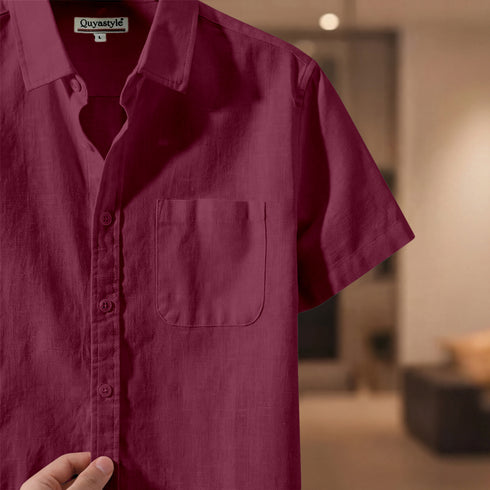 Wine Linen Cotton Regular Fit Plain Half Shirt