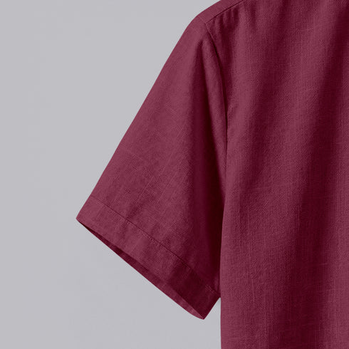 Wine Linen Cotton Regular Fit Plain Half Shirt